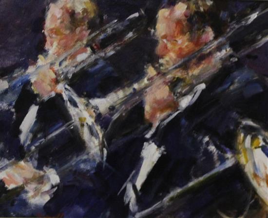 Jonathan Trowell (b. 1938), oil on board, Trombones, signed